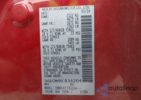 2014 Nissan Rogue Sl from USA, damaged, VIN 5N1AT2MV0EC834204